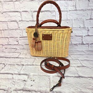 Patricia Nash Satchel Handbag Crossbody Wicker & Leather Natural Adjust Strap EC